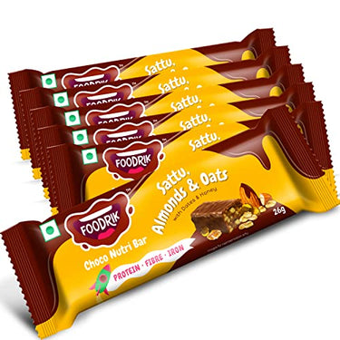 Foodrik Chocolate Nutri Snack Bar | Sattu, Almonds, Oats, Dates and Honey | Wrapped in Tasty Chocolate | Healthy Nutrition Bar for Kids and Adults | (Pack of 6, 26gm x 6 Bars)